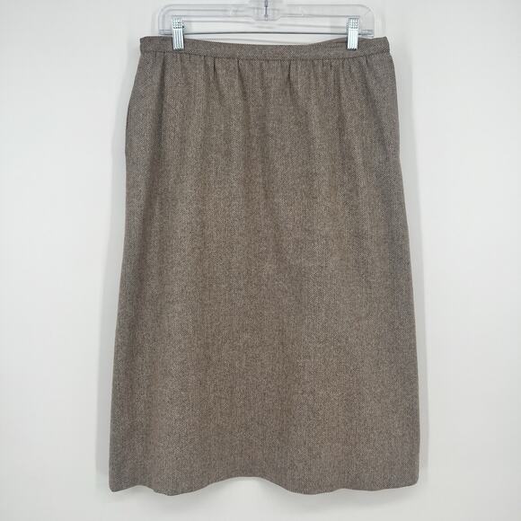 Vtg Country Suburbans Wool Tweed Midi Skirt Sz16 A-Line Brown Herringbone Pocket - Picture 1 of 11
